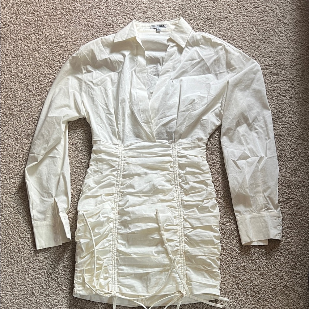 Fashion Nova Cream Runched Long Sleeve Dress